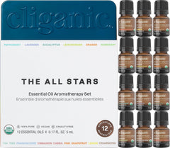 Cliganic Organic Essential Oils Set top 12 box shot for diffuser inspiration and aromatherapy benefits