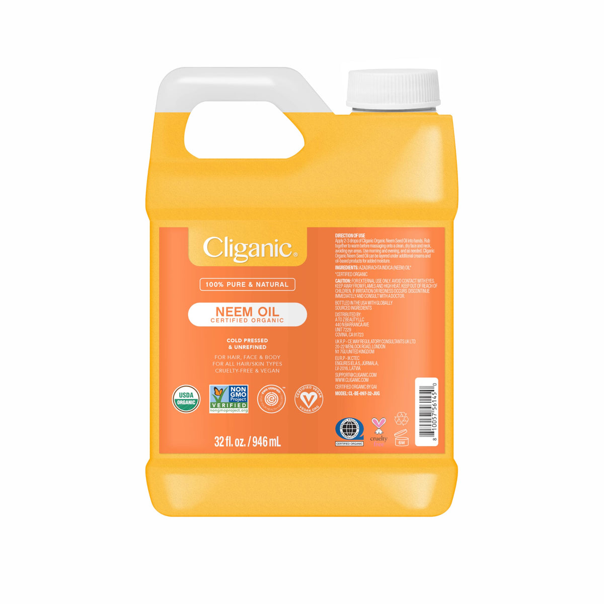 Cliganic Neem Oil bulk bottle for skin and plants, versatile skincare and garden use.