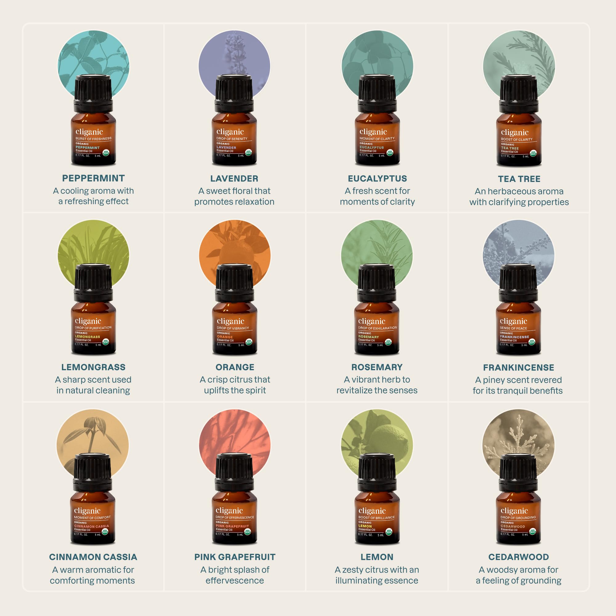 Cliganic Peppermint essential oil bottle close-up showcasing refreshing aroma and cooling use