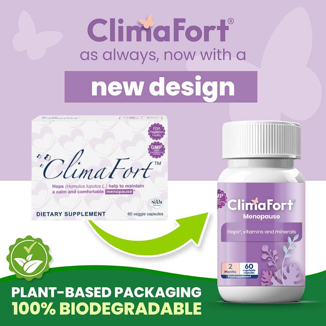 Climafort bottle-side highlights natural ingredients for hormone balance