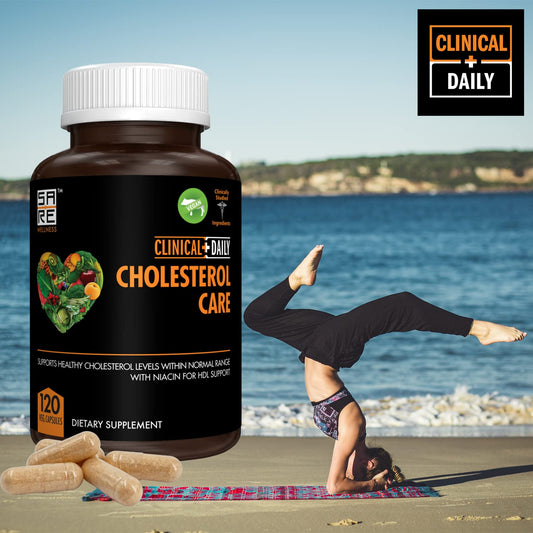 Pouring Clinical Daily Cholesterol Care capsules for easy daily use.