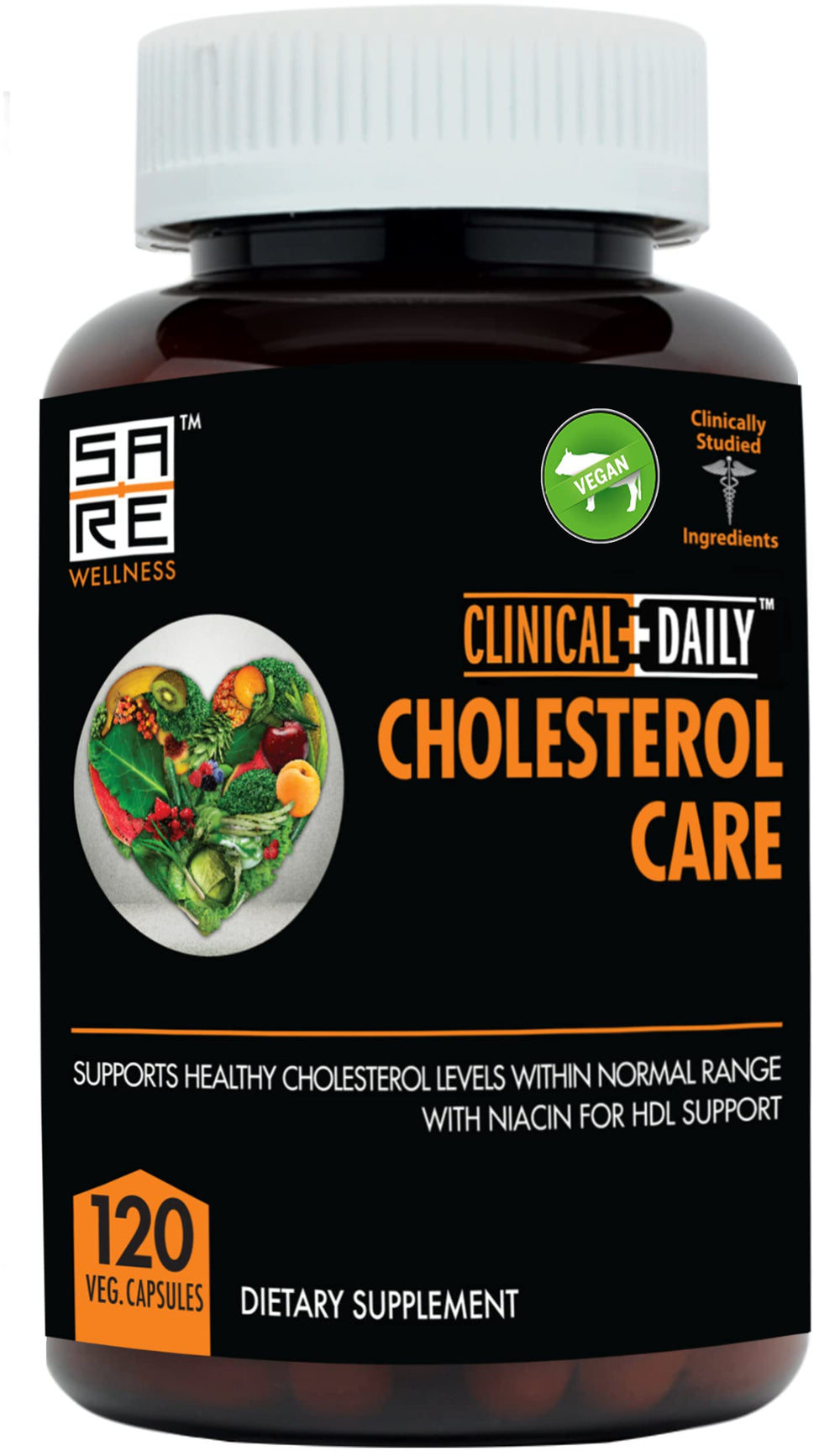 Clinical Daily Cholesterol Care bottle showing vegan plant sterols for HDL support.