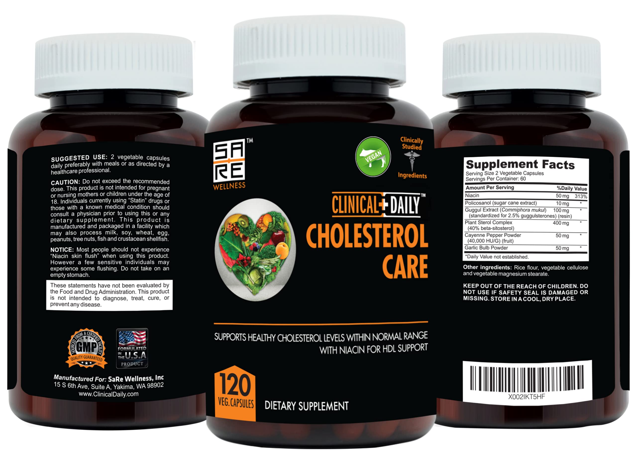 Close-up of the Clinical Daily Cholesterol Care label highlighting vegan formulation.