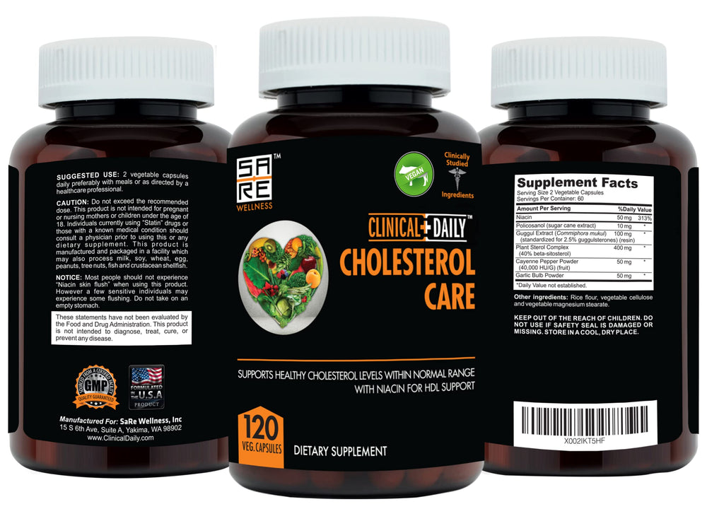 Close-up of the Clinical Daily Cholesterol Care label highlighting vegan formulation.