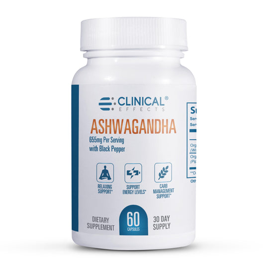Clinical Effects Ashwagandha capsules bottle close-up highlighting fast absorption with black pepper
