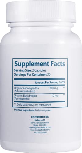 Clinical Effects Ashwagandha bottle sideview suggesting daily adrenal support and stamina benefits