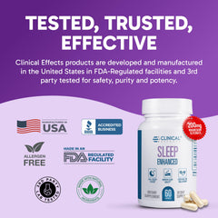Clinical Effects Sleep Enhanced capsules beside a night lamp for relaxing evenings.