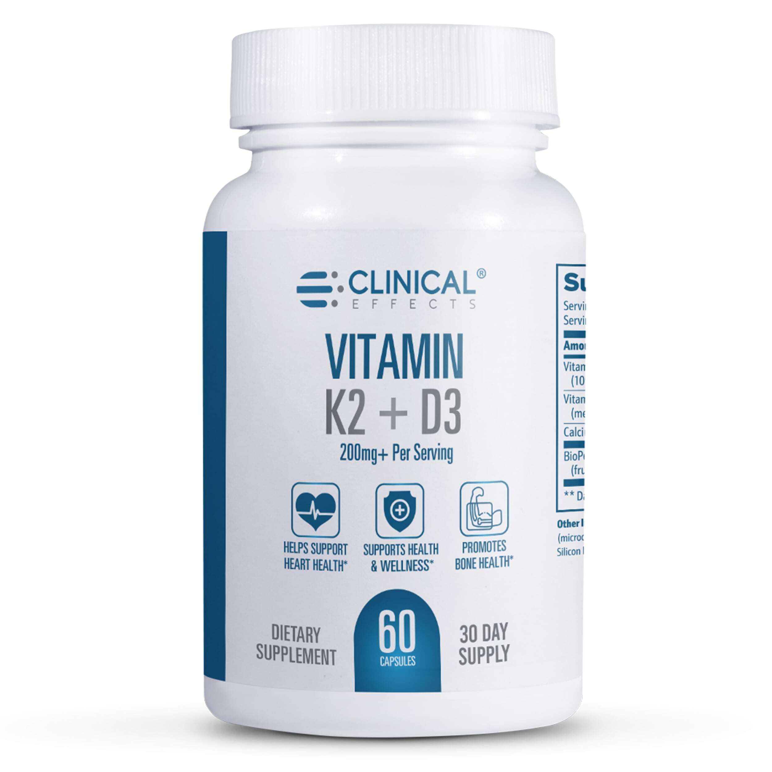 Clinical Effects Vitamin K2 + D3 bottle promoting daily bone health.