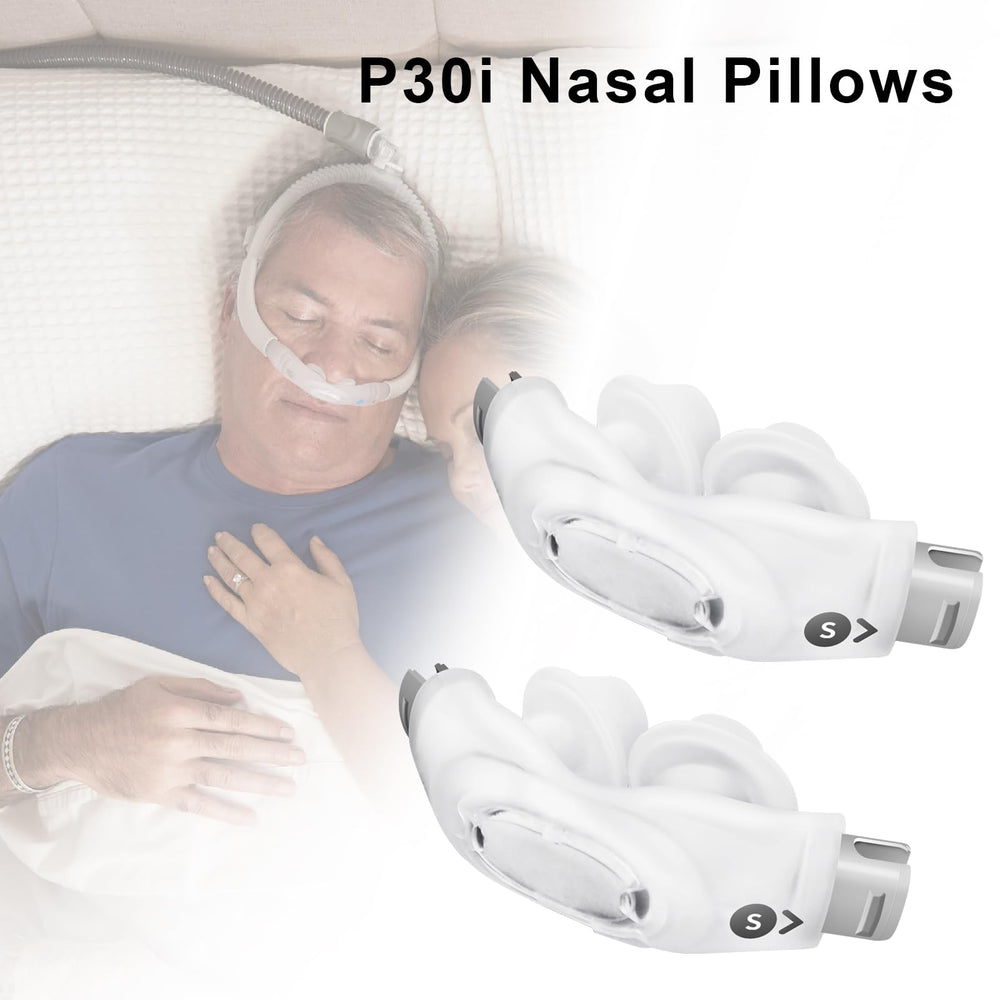 QuietAir vent on CLNRMA P30i nasal pillow reduces exhaled-air disturbance.