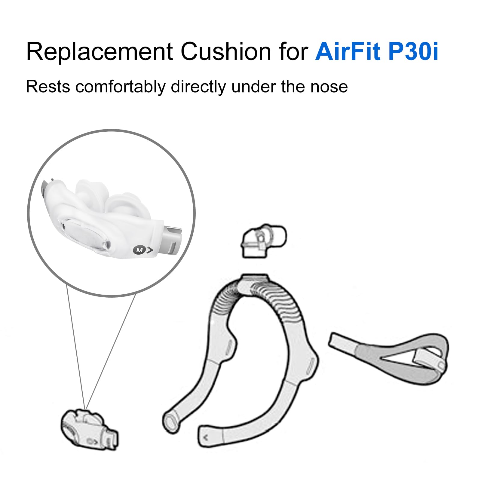 CLNRMA P30i cushions show a replacement nasal pillow set for easy swaps.