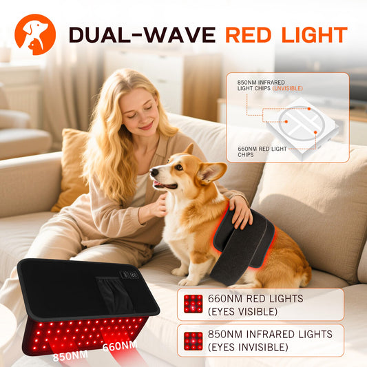 Clocness belt wrapped around hips and spine for canine comfort.