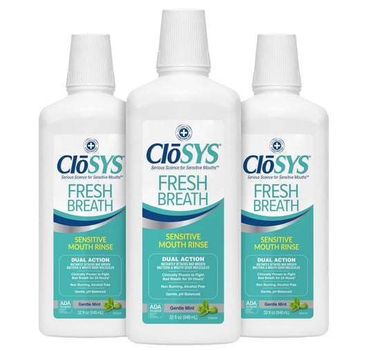 CloSYS Fresh Breath Mouthwash bottle with gentle mint, for long-lasting fresh breath.