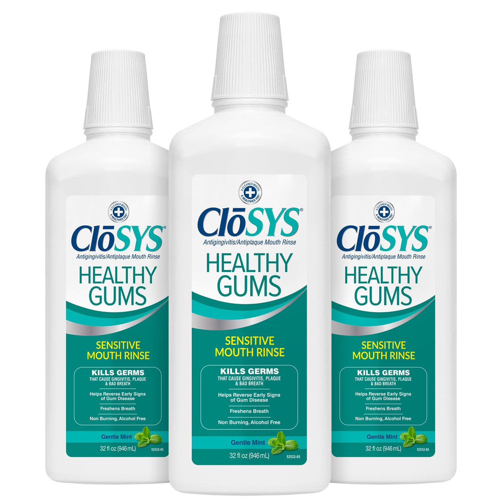 CloSYS Healthy Gums Mouthwash bottle shown for gentle, alcohol-free gum care daily.