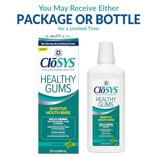 CloSYS Healthy Gums Mouthwash label closeup highlights antiseptic formula for plaque control.