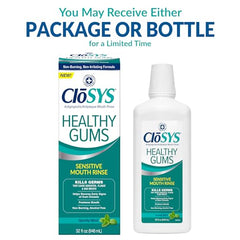CloSYS Healthy Gums Mouthwash label closeup highlights antiseptic formula for plaque control.