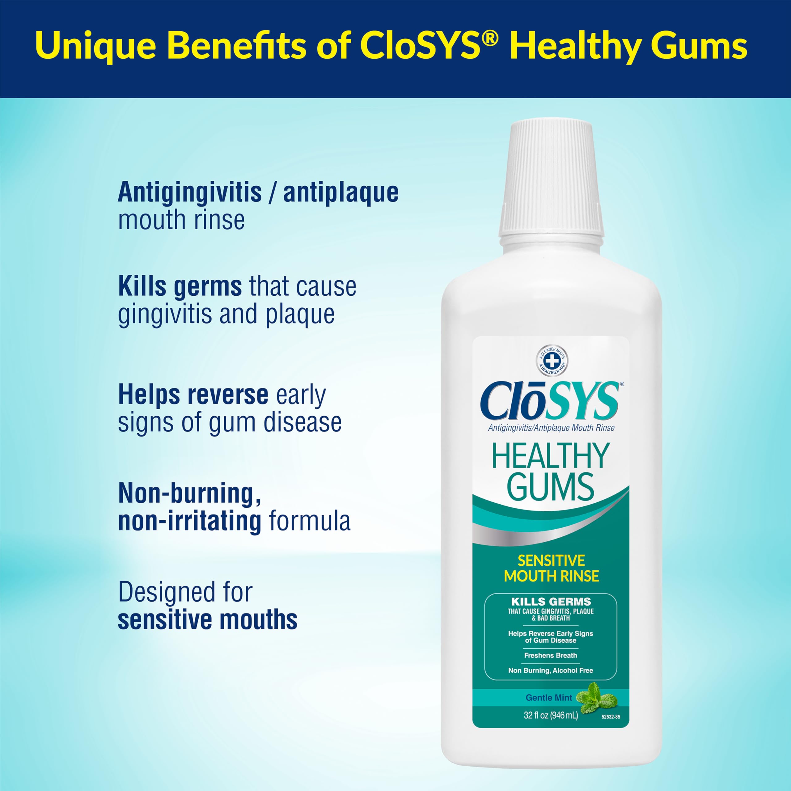 CloSYS Healthy Gums Mouthwash mint splash suggests fresh breath with a mild taste.