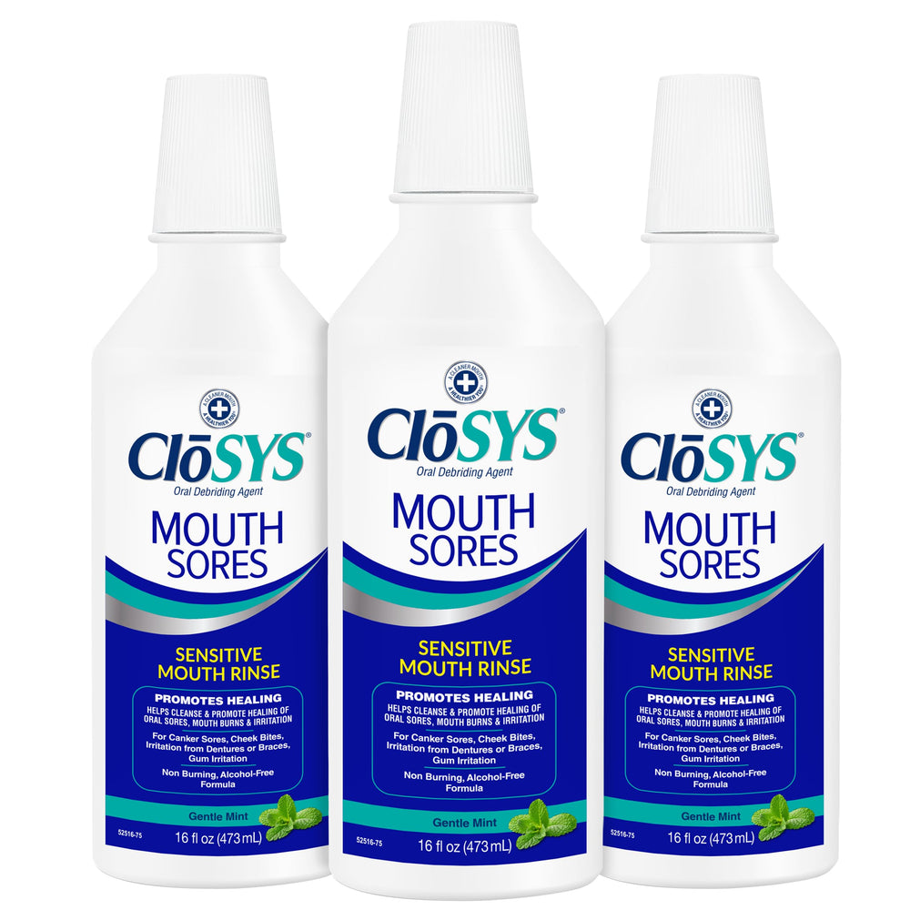 CloSYS Mouth Sores Mouthwash bottle being poured for gentle cleansing.