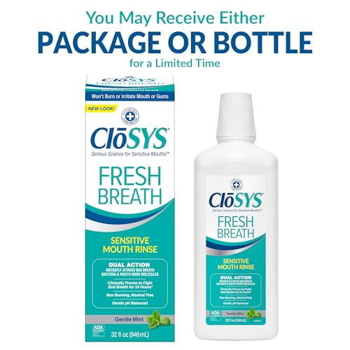 CloSYS Mouthwash being poured, showing alcohol-free, gentle formula for sensitive mouths.