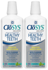 CloSYS Silver bottle with angled pour, supporting enamel health and fresh breath