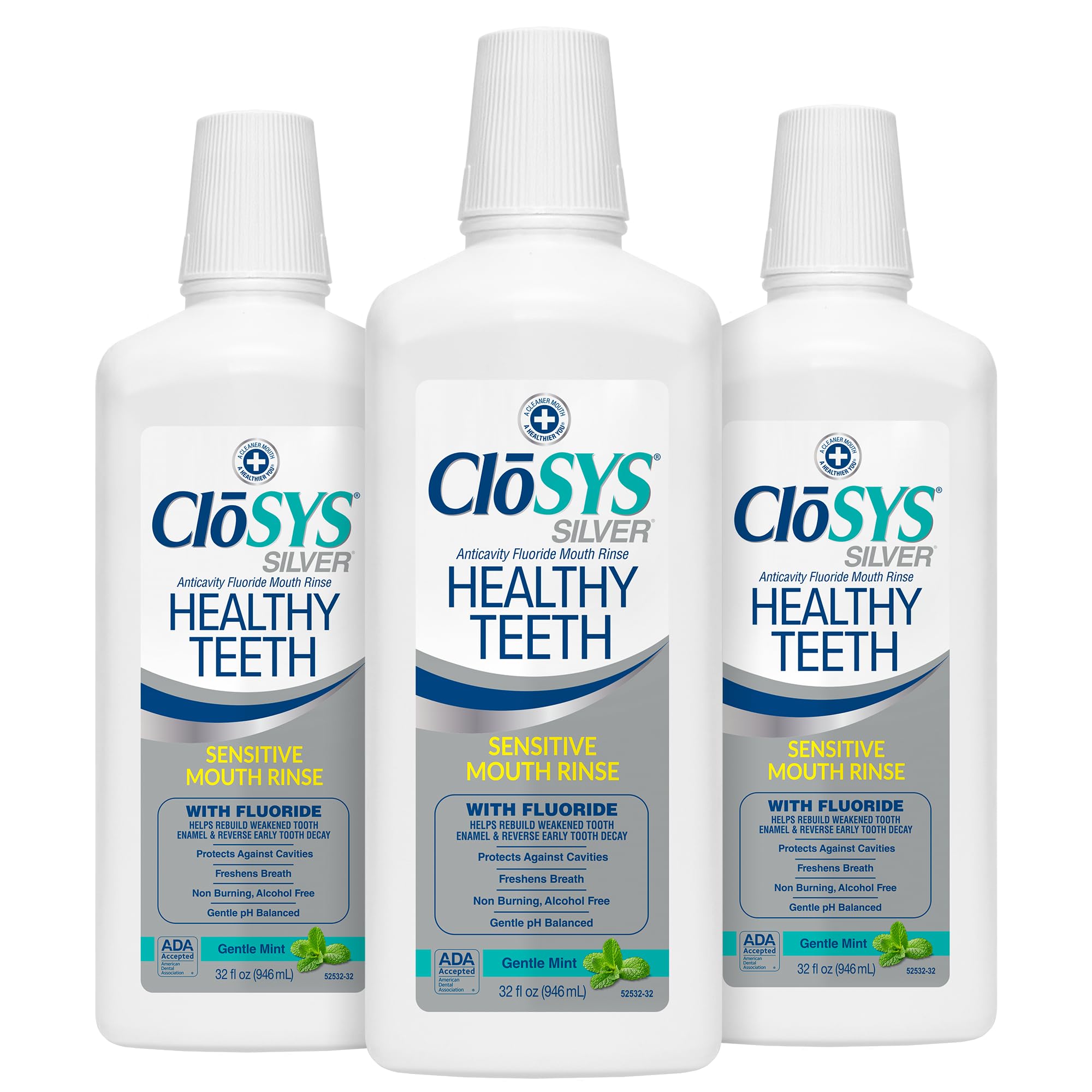 CloSYS Silver mouthwash bottle front view highlighting alcohol-free fluoride formula for adults.