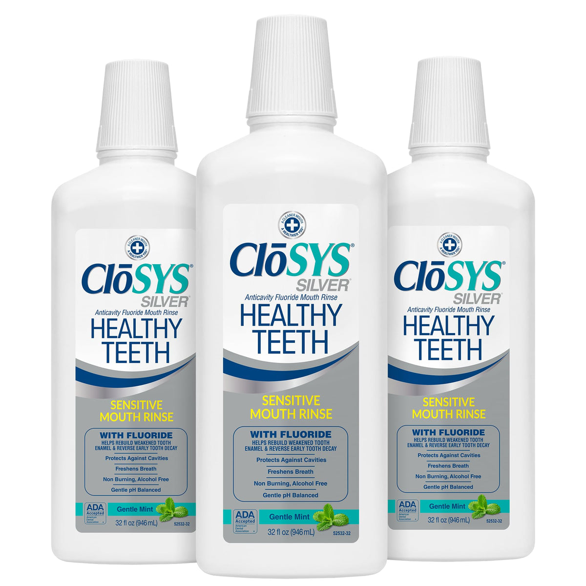 CloSYS Silver mouthwash bottle front view highlighting alcohol-free fluoride formula for adults.