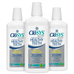 CloSYS Silver mouthwash bottle front view highlighting alcohol-free fluoride formula for adults.