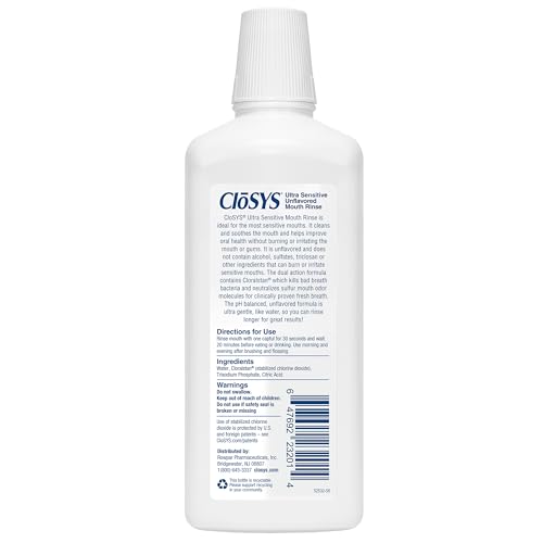 CloSYS Ultra Sensitive mouthwash poured into a glass for a soothing rinse.