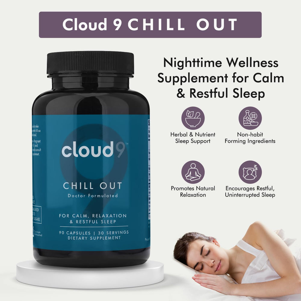 Back label of Cloud9 Chill Out bottle detailing adaptogens and vitamins for calm