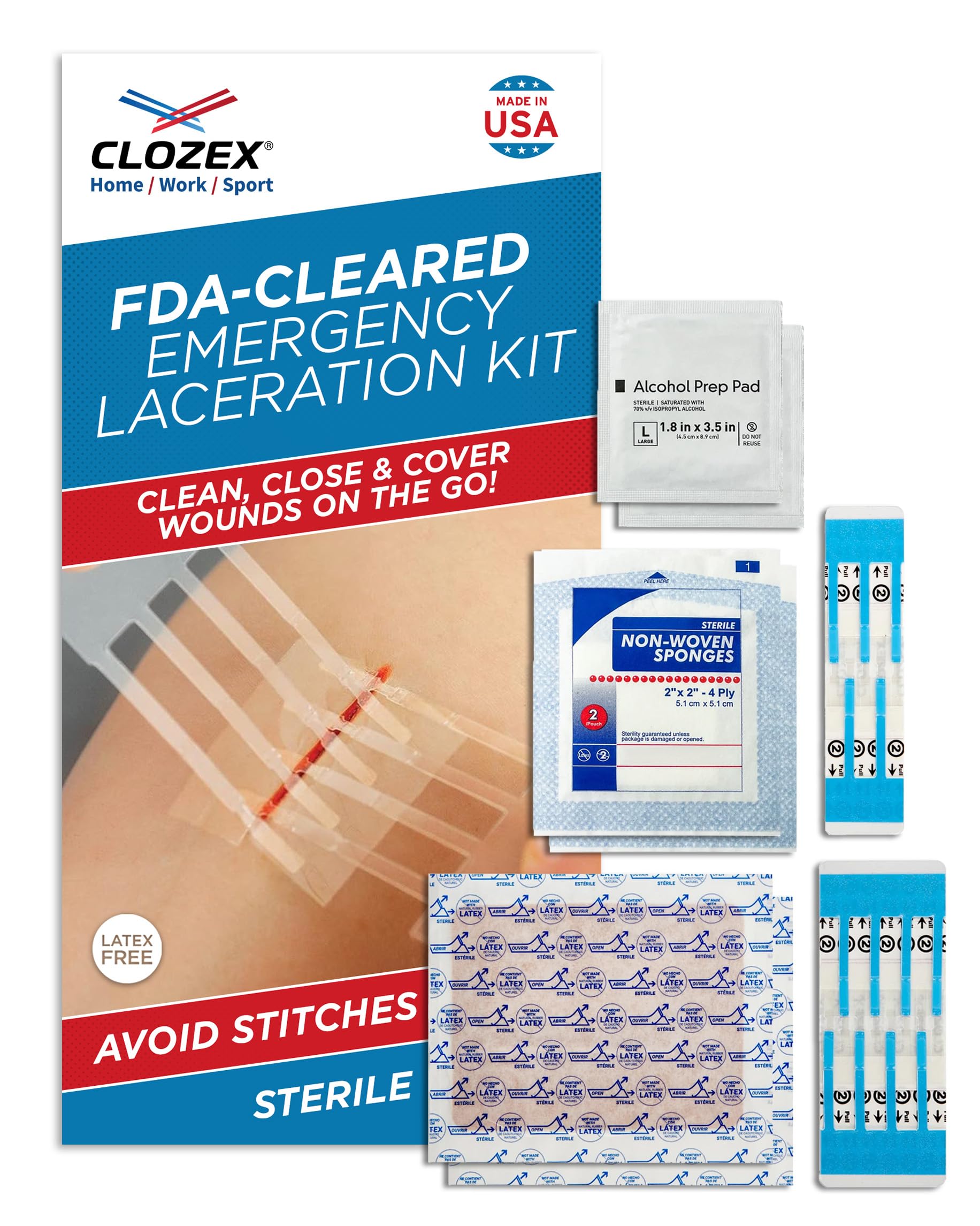 Clozex closure kit shows sterile contents ready for quick wound care.