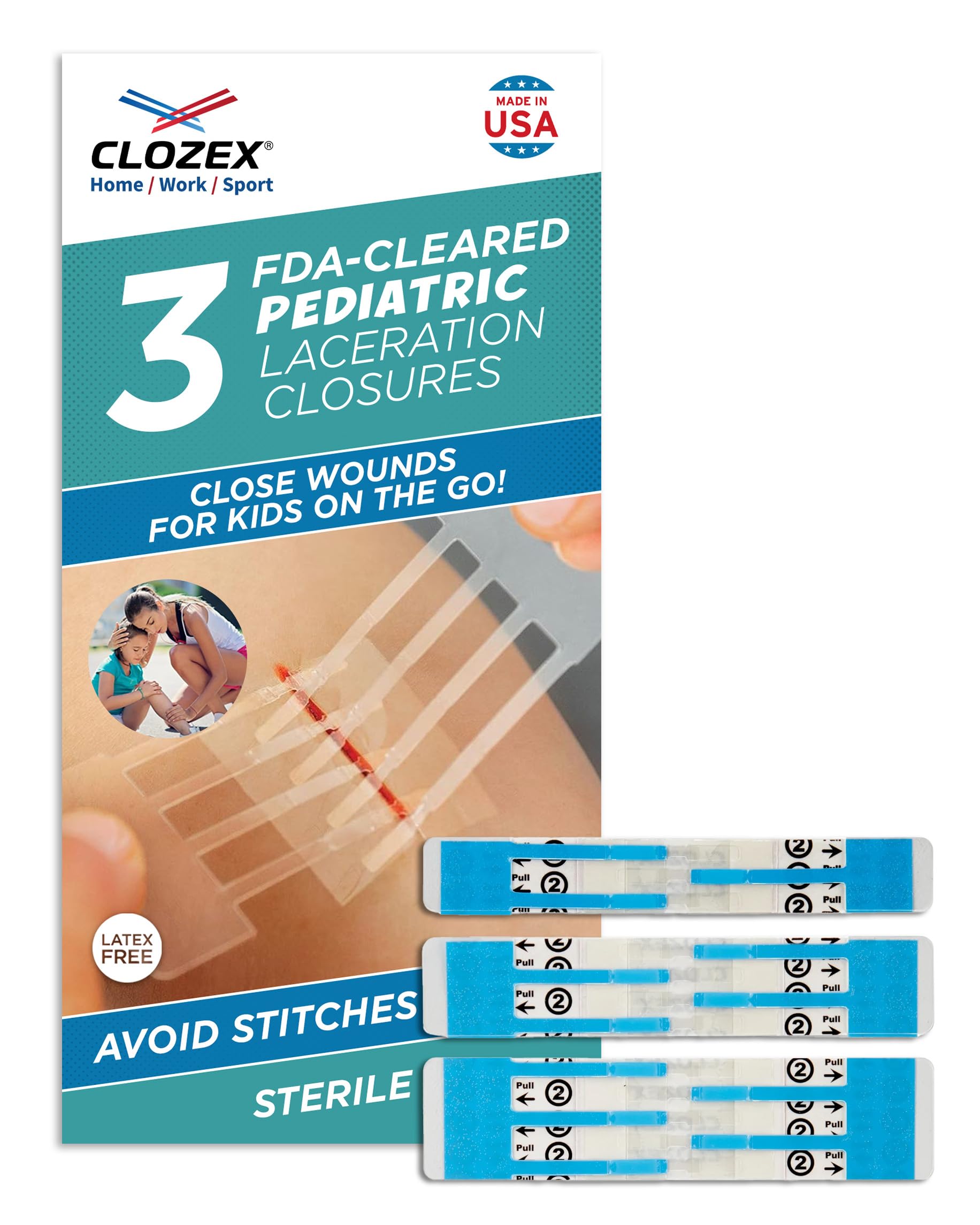 Clozex pediatric closure three-wounds pack applied for quick non-invasive wound care