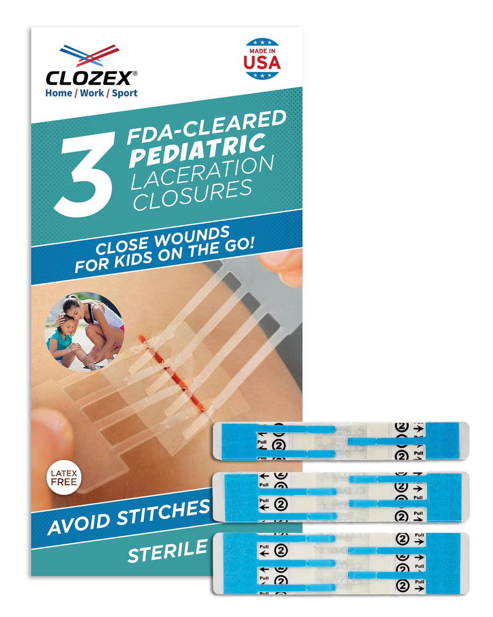 Clozex pediatric closure three-wounds pack applied for quick non-invasive wound care