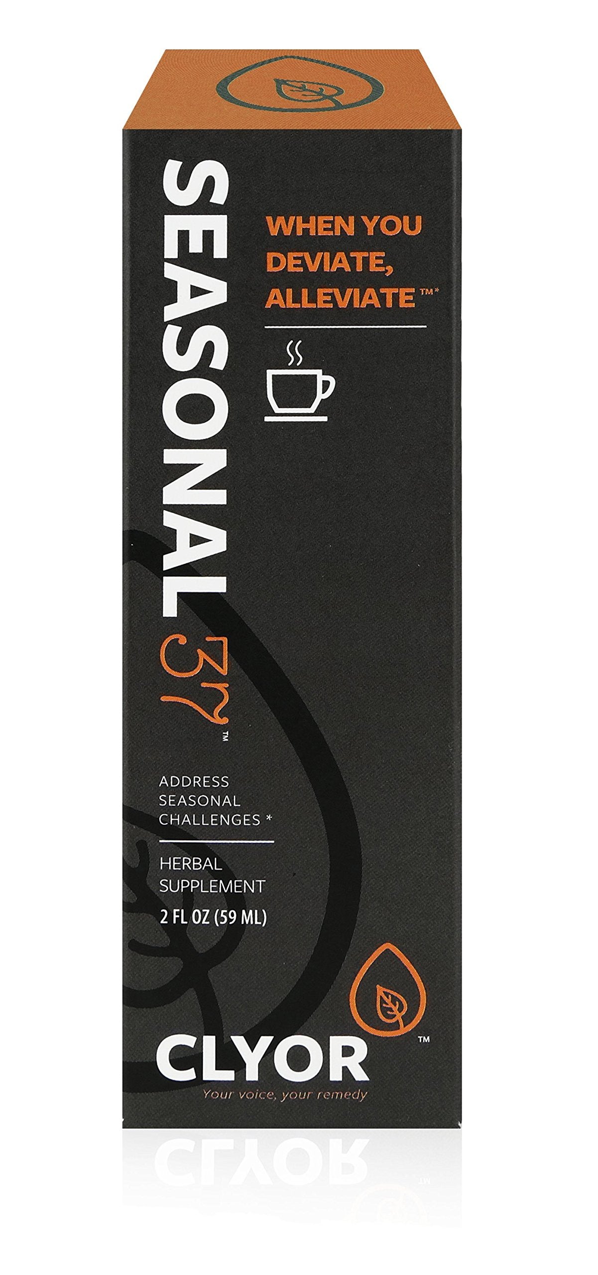 CLYOR Seasonal37 alcohol-free badge communicates a vegetarian, alcohol-free formula.