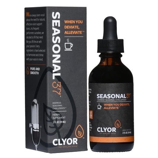 CLYOR Seasonal37 bottle front highlights natural herbs for quick cold relief and vocal ease.