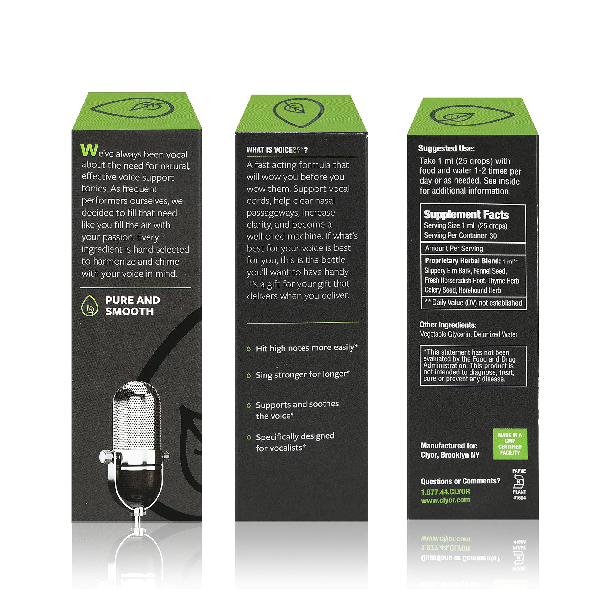 CLYOR Voice37 label closeup shows organic ingredients for throat comfort