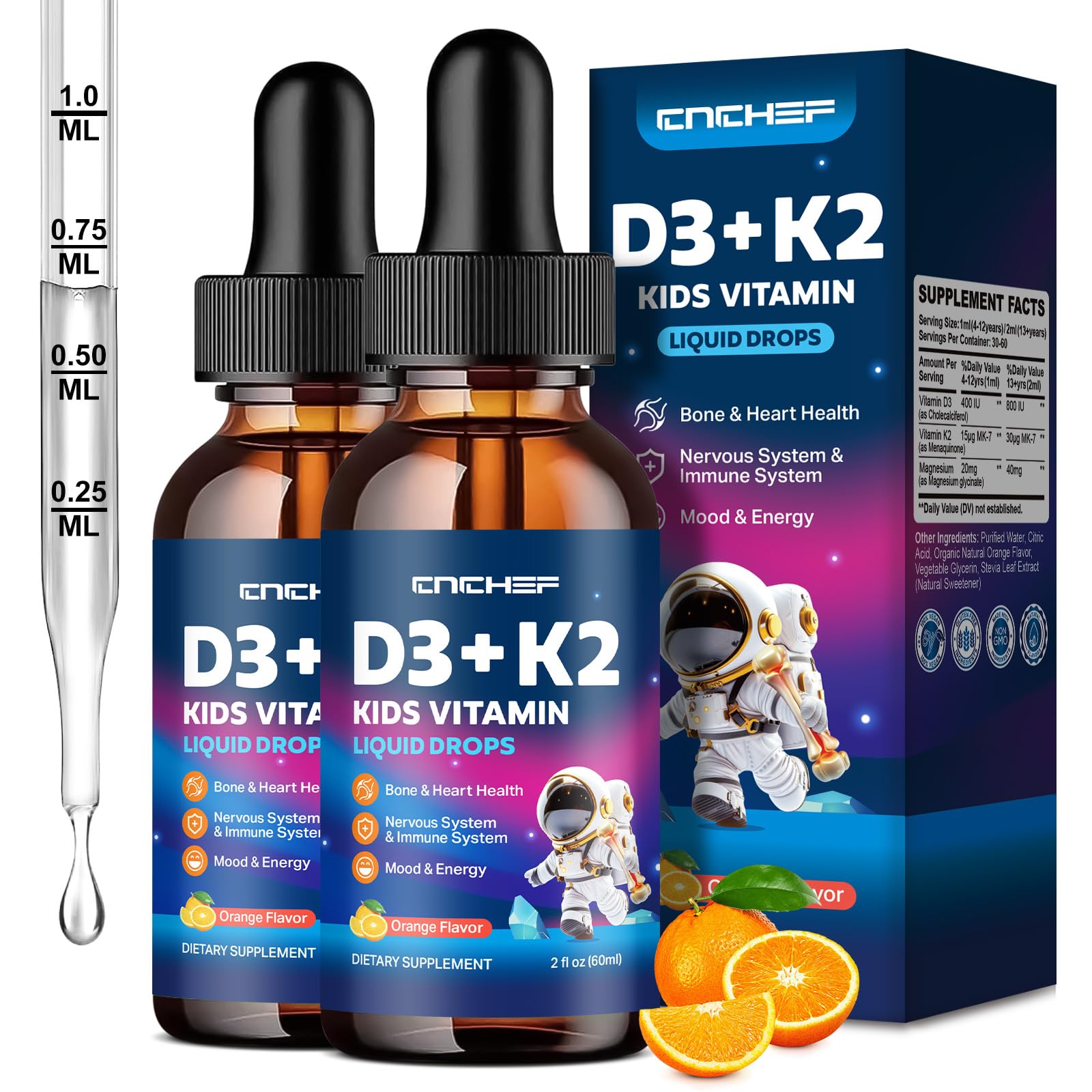 CnCHEF D3K2 kids orange bottle pour demonstrates easy daily serving for growing children.