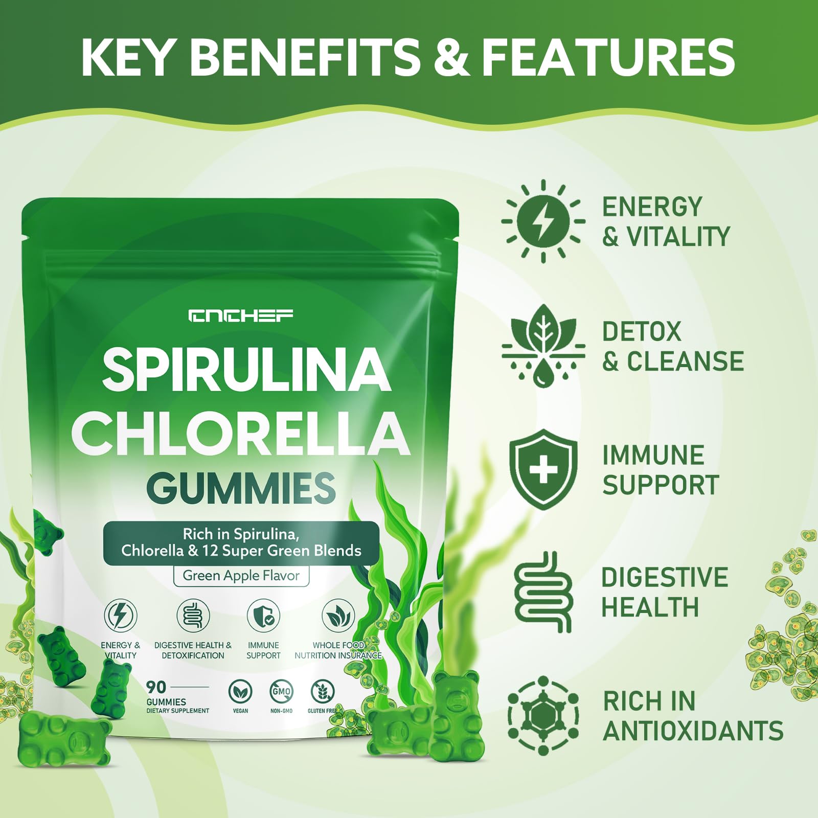 CN CHEF green apple flavored gummies in a clear pack