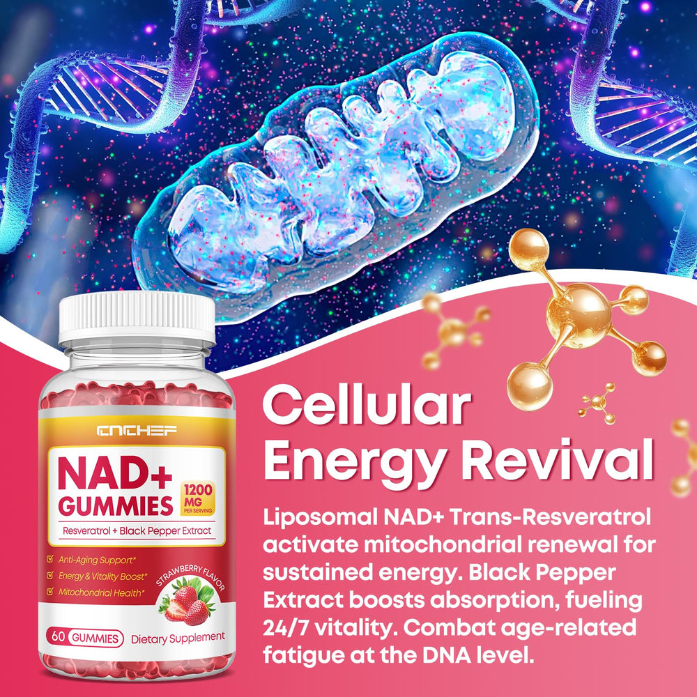CNCHEF NAD+ gummies ingredients panel highlights trans-resveratrol and black pepper extract.
