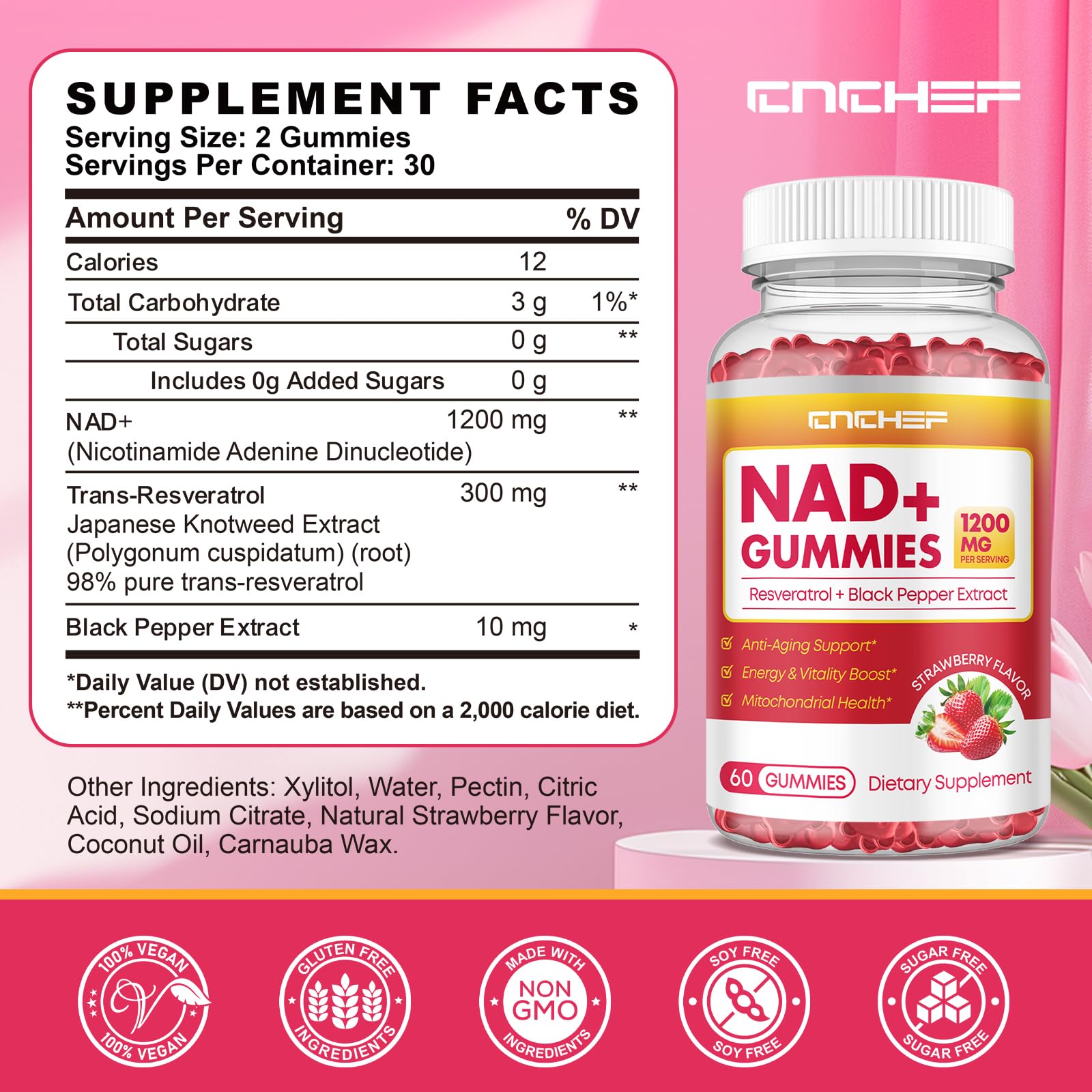 CNCHEF NAD+ gummies packaging multipack demonstrates on-the-go health ease.