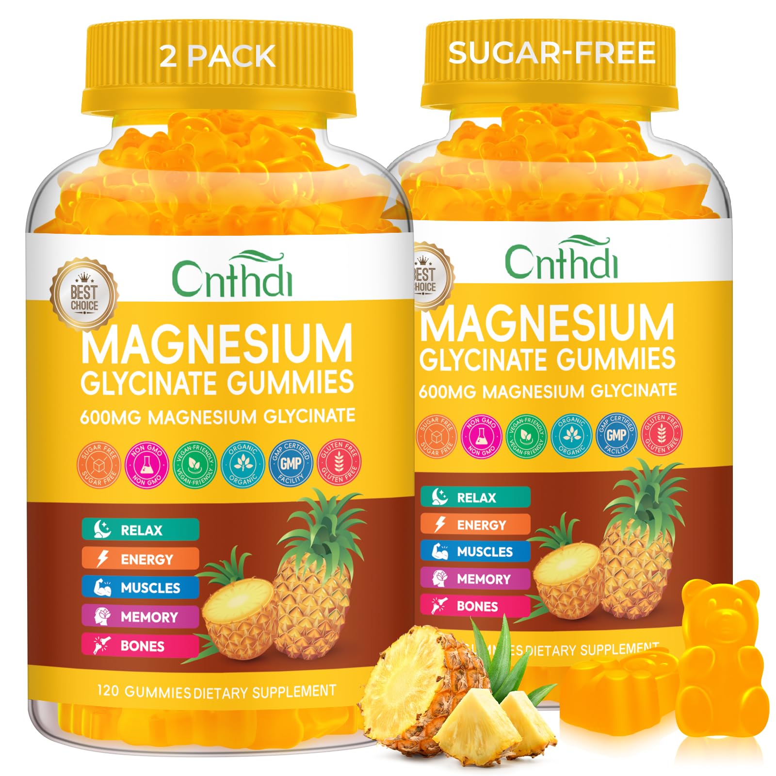 CNFHDI Magnesium Glycinate Gummies bottle front for nightly relaxation.