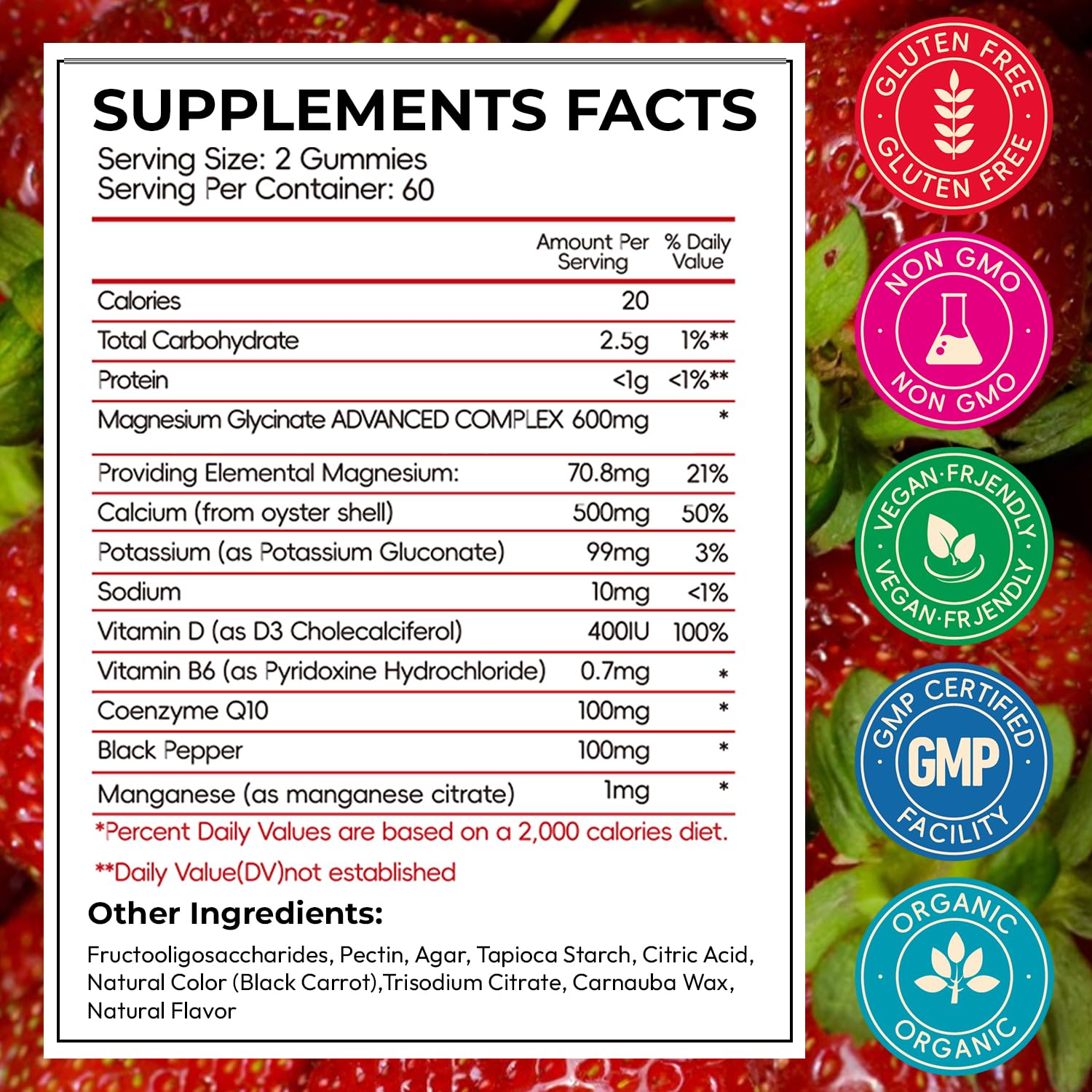 CNFHDI magnesium glycinate gummies close-up, sugar-free strawberry flavor for easy chewing.