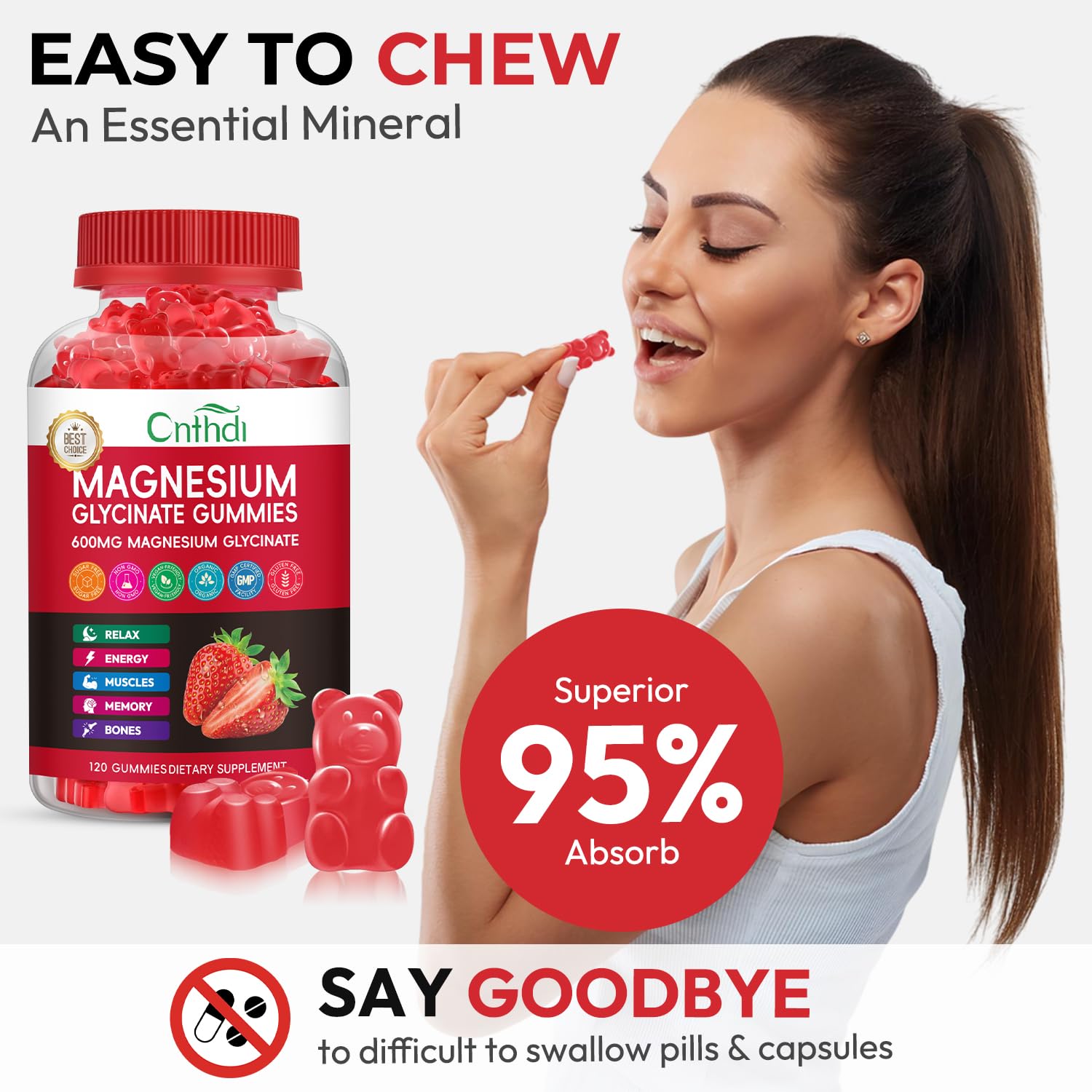CNFHDI magnesium glycinate gummies vegan-gluten-free icon indicates dietary friendly option.