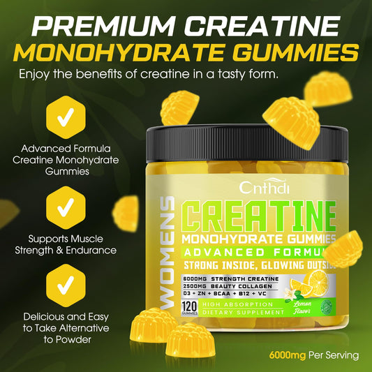 CNFHDI Creatine Gummies serving close-up highlighting lemon flavor and easy daily intake.