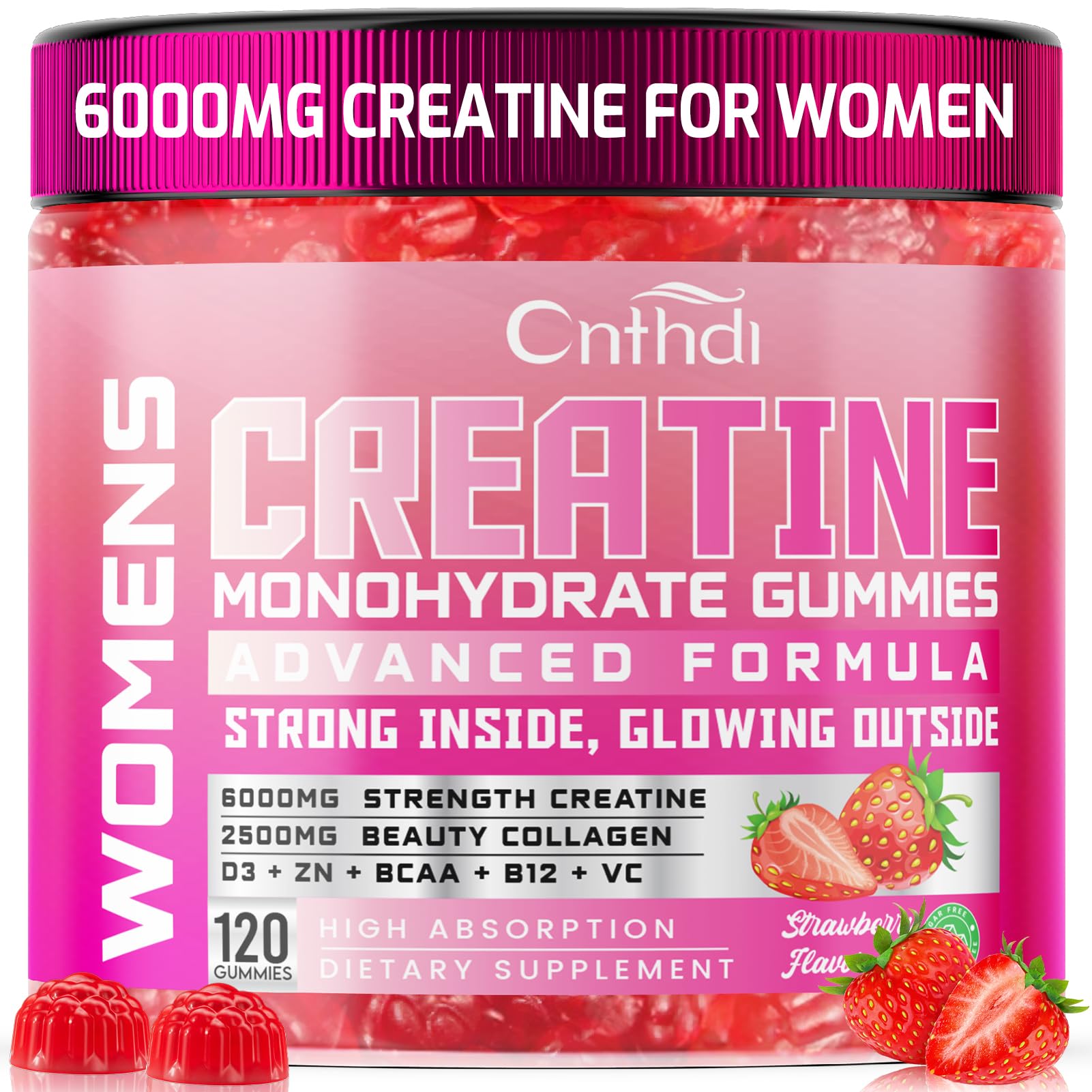 CNFHDI Creatine Gummies packaging shows strawberry flavor for convenient pre-workout support.
