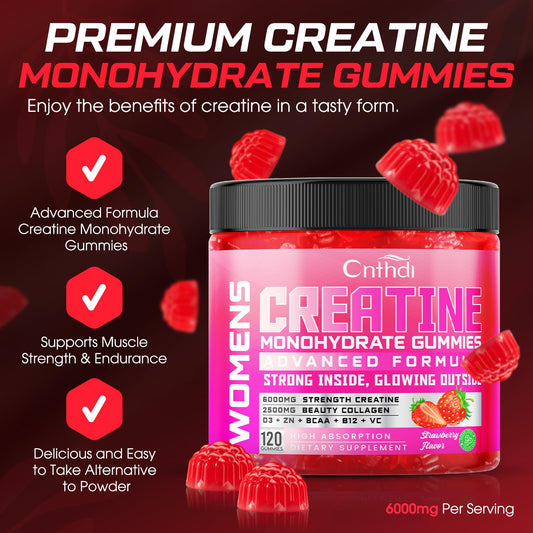 CNFHDI Creatine Gummies strawberry serving on a table highlights easy daily fitness nutrition.