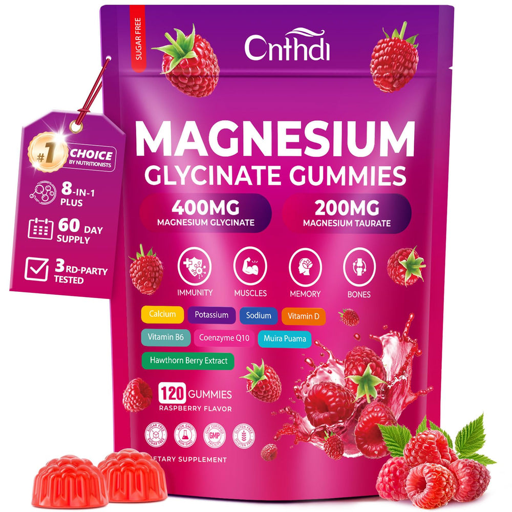 CNFHDI magnesium glycinate gummies bottle showing 600 mg per serving for daily support.