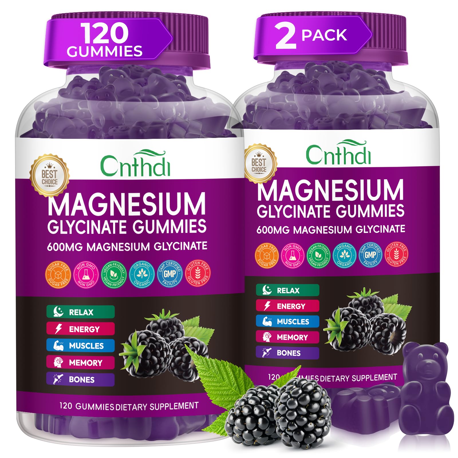 CNFHDI Magnesium Glycinate Gummies bottle close-up, sugar-free formula for daily relaxation.