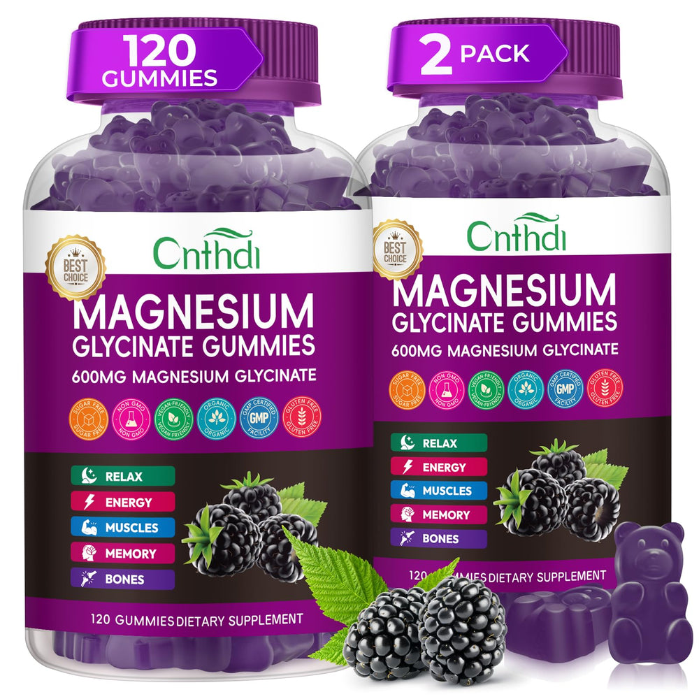 CNFHDI Magnesium Glycinate Gummies bottle close-up, sugar-free formula for daily relaxation.