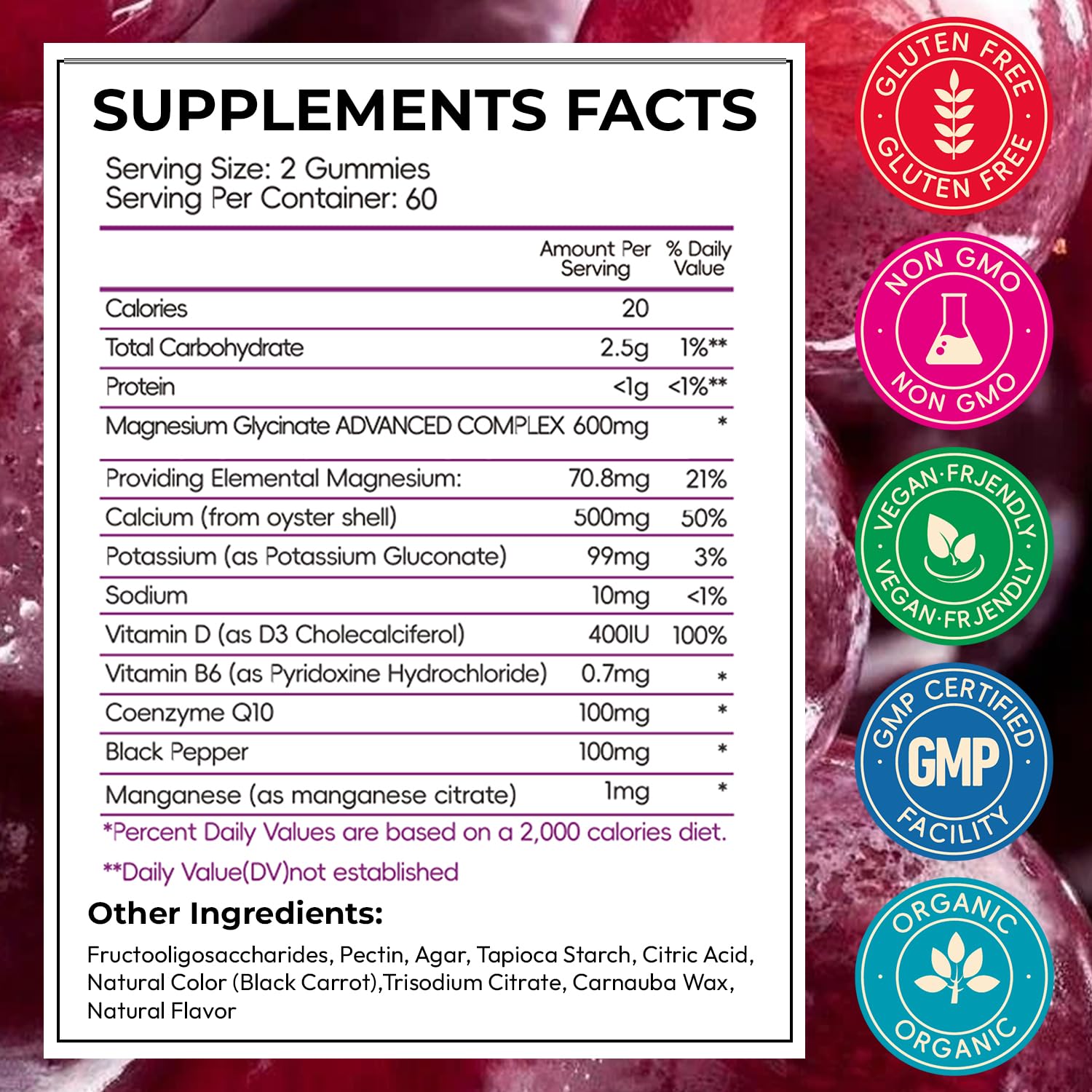 CNFHDI magnesium glycinate gummies label shows gluten-free and vegan-friendly formula.