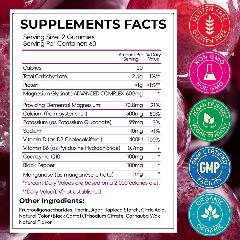 CNFHDI magnesium glycinate gummies label shows gluten-free and vegan-friendly formula.
