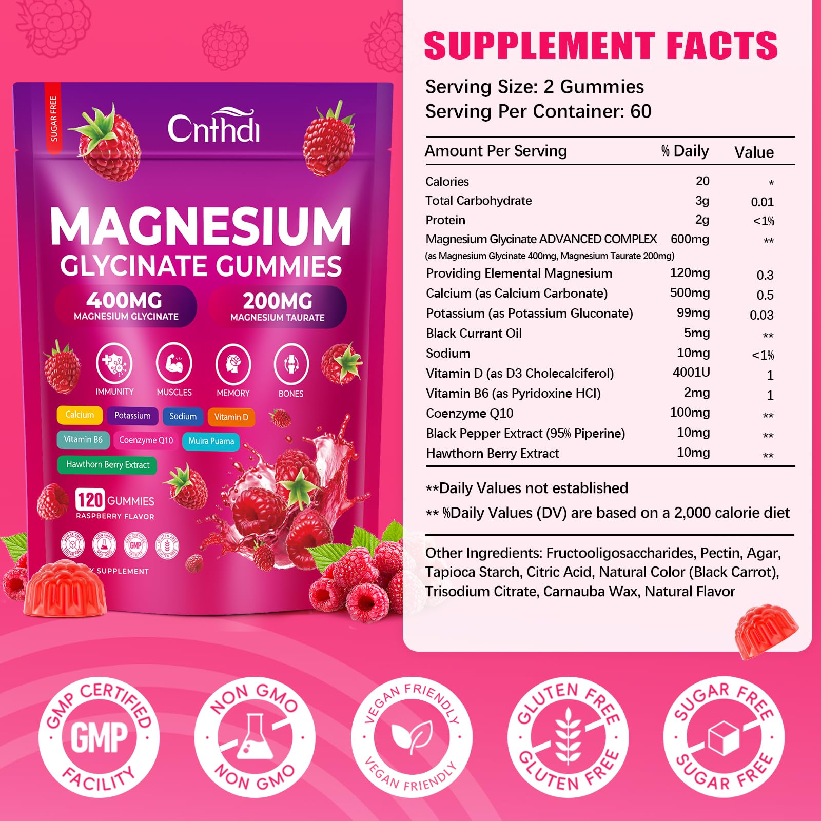 CNFHDI magnesium glycinate gummies close-up highlights raspberry flavor and sugar-free formula.